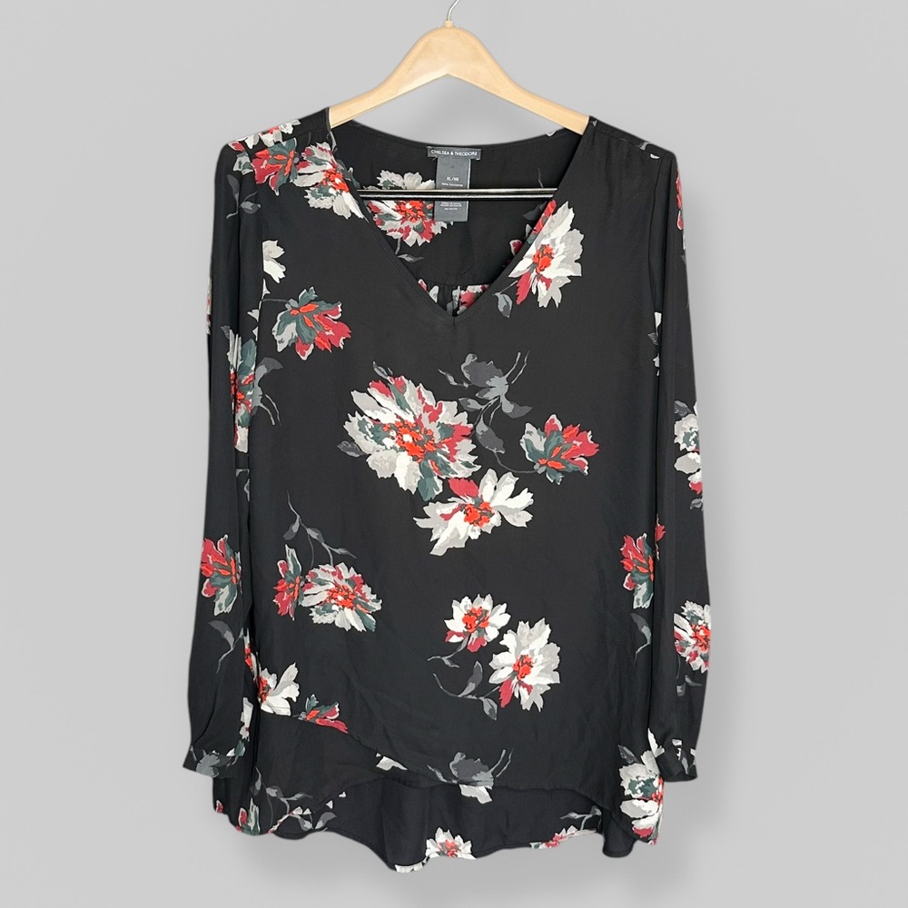 Chelsea & Theodore Size XL V-Neck Floral Long Sleeve Black/Red Casual Dressy
